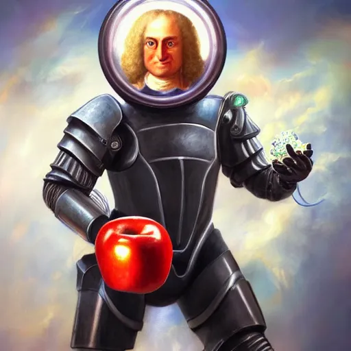 Image similar to An extremely detailed portrait of Isaac Newton in futuristic power armor holding an apple, in the style of Magic the Gathering, 4k, mirror lake, highly detailed, trending on artstation, retro science fiction