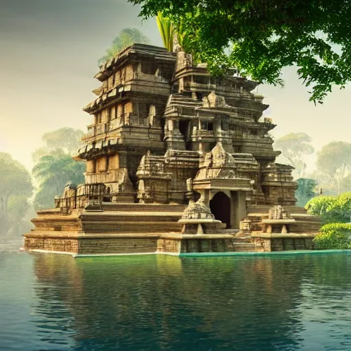 Prompt: 4 k unreal engine render of an ancient never seen before indian high detail temple islands. complex architecture with intricate aetheral pilars. high detailed water. jungle background. afternoon light. hyper realistic render, digital illustration, trending on art station