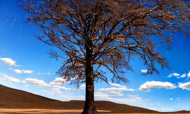 Image similar to panorama of big raindrops flying upwards into the perfect cloudless blue sky from a dried up river in a desolate land, dead trees, blue sky, hot and sunny highly-detailed, elegant, dramatic lighting, artstation, 4k, cinematic landscape, photograph by National Geographic