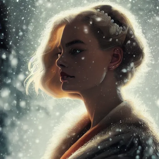 Image similar to a beautiful ultradetailed fantasy character portrait of margot robbie as a geisha wielding a sword by zach sutton and charlie bowater, catchlight in the eyes, trending in behance, close up 50mm portrait photo, bokeh, 4K, during snowfall