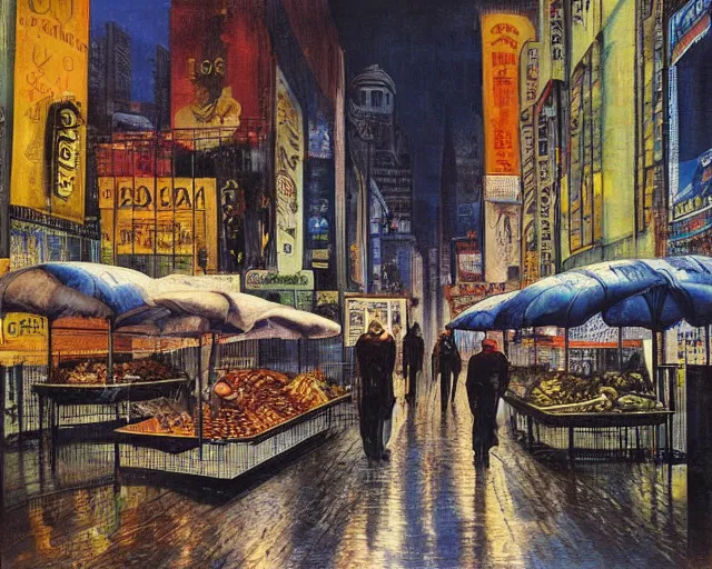 Prompt: street with food stands in a cyberpunk city on a rainy melancholy night by salvadore dali