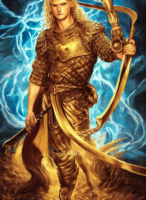 Prompt: An epic fantasy comic book style portrait painting of a young man wearing a black shirt with a golden diagonal stripe and gold chainmail sleeves, black bracelets, wavy golden hair and blue eyes. He is holding a golden bo staff. He is in a fiery desert with a blue sky. fluffy blonde hair and blue eyes. He is holding a long golden bo staff. Unreal 5, DAZ, hyperrealistic, octane render, cosplay, RPG portrait, dynamic lighting