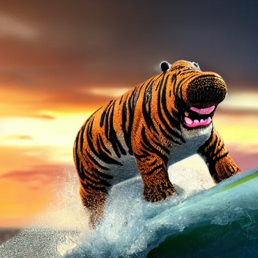 Image similar to a closeup photorealistic photograph of a smiling cute knitted tiger hippopotamus riding a large wave during sunset. surf in the background. professional capture. brightly lit scene. this 4 k hd image is trending on artstation, featured on behance, well - rendered, extra crisp, features intricate detail, epic composition and the style of unreal engine.