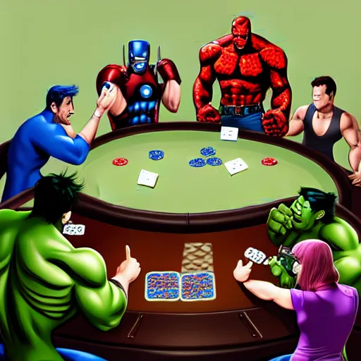 Prompt: The Avengers playing Texas Hold'em Poker at a round table, Hulk going all in, trending digital art, artstation