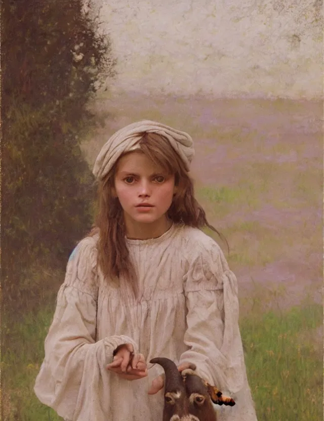 Image similar to portrait of peasant girl pet a goat, cottage core, cinematic focus, polaroid photo bleached vintage pastel colors high - key lighting, soft lights, foggy, by steve hanks, by lisa yuskavage, by serov valentin, by tarkovsky, 8 k render, detailed, oil on canvas