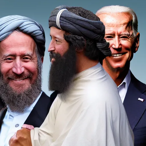 Image similar to 4 k portrait sony a 7 f 2. 8 of mark zuckerberg as a taliban leader hugging us president joe biden as a taliban leader