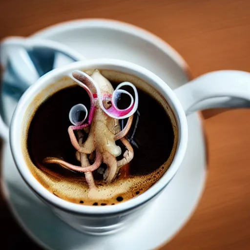 Image similar to a squid swimming in a cup of coffee, professional photography