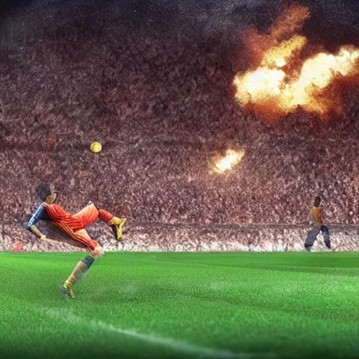 Image similar to cristiano ronaldo kick a fire ball to the sky in a stadium with a lot of person, photorealistic, night