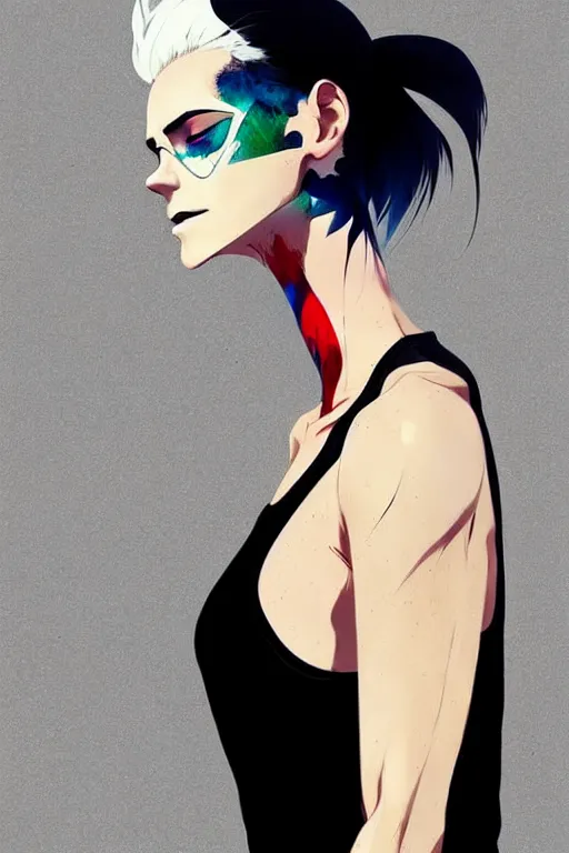 Image similar to a ultradetailed beautiful full body painting of a stylish woman in with white hair in a ponytail, she is wearing a black tank top, by conrad roset, greg rutkowski and makoto shinkai trending on artstation