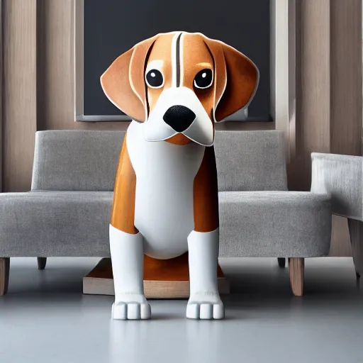 Image similar to a large lamp, shaped as a 3d beagle puppy head, placed in a large living room, art designers magazine HD photo superrealism 3d 8k resolution