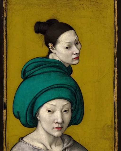 Prompt: portrait of a pale curvy woman with green blue hair buns, wearing a yellow hoodie, intricate details, high detail, black background, in a high renaissance style, in the style of jacopo da pontormo and william segar, punk, asian art,