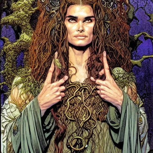 Prompt: a realistic, very beautiful and atmospheric portrait of young brooke shields as a druidic warrior wizard looking at the camera with an intelligent gaze by rebecca guay, michael kaluta, charles vess and jean moebius giraud