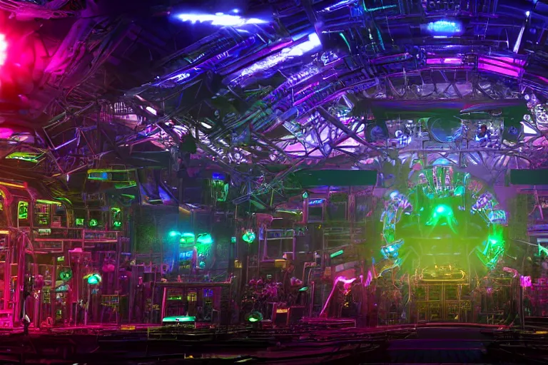 Image similar to a concert stage, big glowing letters over the stage tripmachine, center of the stage is a big futuristic steampunk generator surrounded by huge steampunk robots, rock musicians on the stage, laser show, 8 k, fluorescent colors, halluzinogenic, multicolored, exaggerated detailed, unreal engine