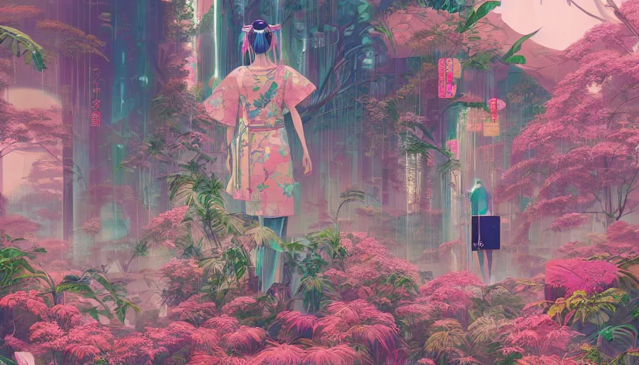 Image similar to a digital painting of a woman in the distance wearing gucci exploring a magical japanese temple, lush plants and flowers, eco - cyberpunk art by james jean, cgsociety, retrofuturism, anime aesthetic, chromatic, iridescent, uhd