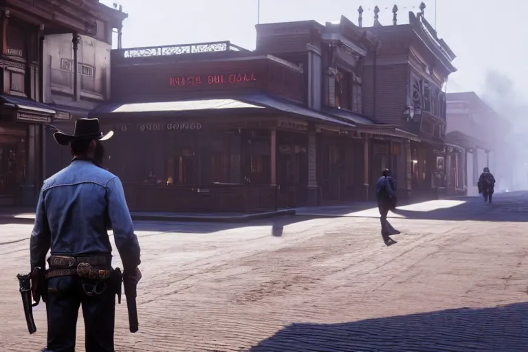 Prompt: third person view of a cowboy, carrying a gun, on a victorian shopping mall, cinematic lightning, ray tracing, unreal engine 5, photorealistic, 8 k, uhd, 4 k, red dead redemption 2 game concept, extremely detailed, beautiful, elegant, intricate, foggy, in - game footage