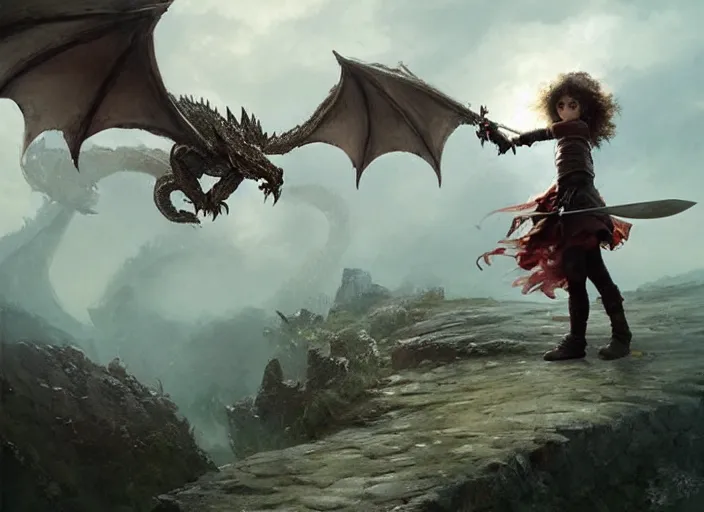 Image similar to a cute little girl with curly brown hair holding a sword faces off against a huge dragon, beautiful fantasy art by greg rutkowski.