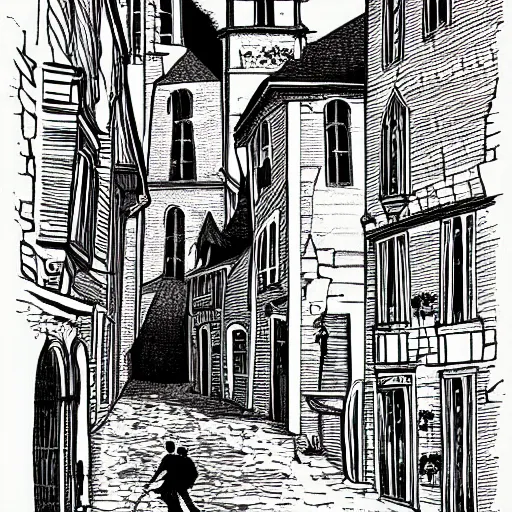 Image similar to a medieval town street, line art, black and white, illustration