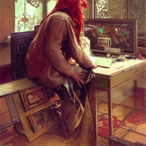 Image similar to a red-haired long-haired teenage boy sitting at a computer, lions around him, painting by artgerm and greg rutkowski and alphonse mucha, smooth sharp focus