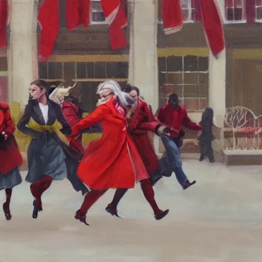 Prompt: sprinting women, wearing red coats, by jon foster