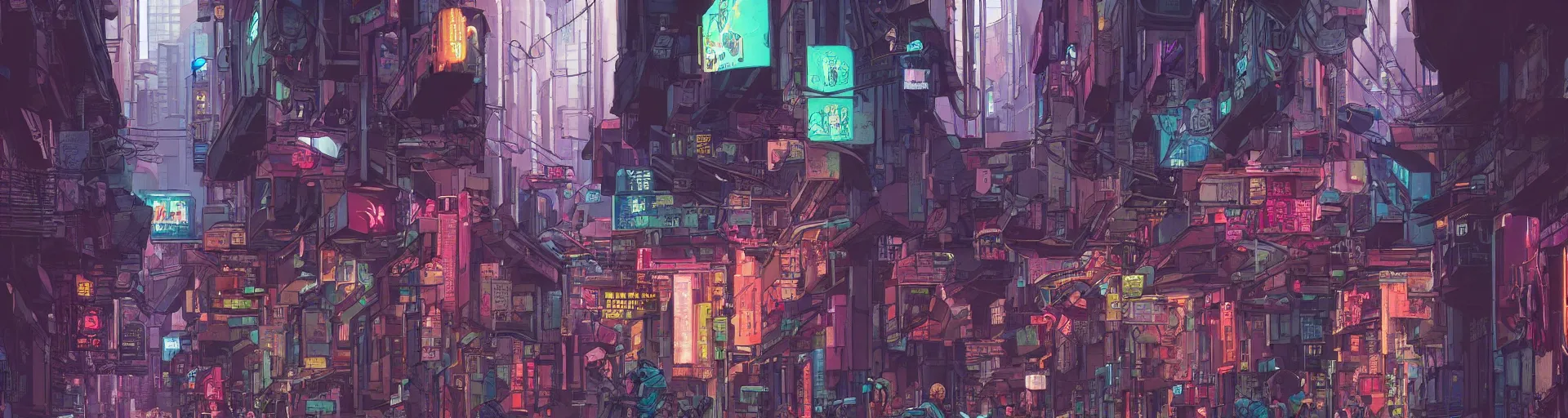 Prompt: a cyberpunk hong kong alley with robots and humans walking around by moebius, pixar color palette, clear details, ground level