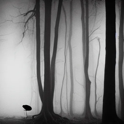 Image similar to Horror film, cinematic tones, black and white film, 16mm. Scene with creature in a dark foggy forest