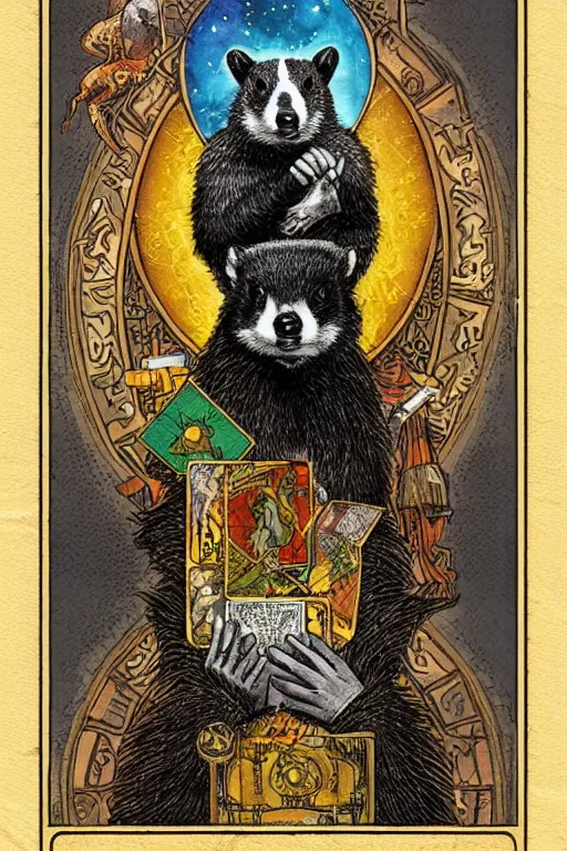 Image similar to tarot card illustration of the card the badger hierophant, framed in an elaborate rectangular border, tarot card, detailed illustration, badgers, furry art, artstation, 4 k