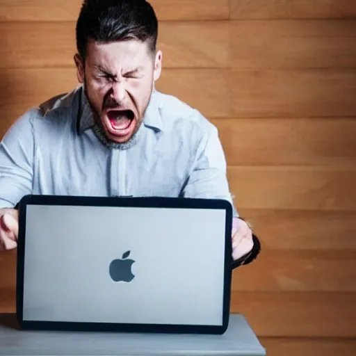 Prompt: photograph of man smashing his laptop out of rage