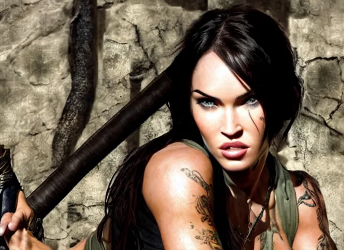 Image similar to megan fox as lara croft, magic and fantasy, highly detailed face, specular reflection, occlusion shadow, intricate, bokeh, masterpiece