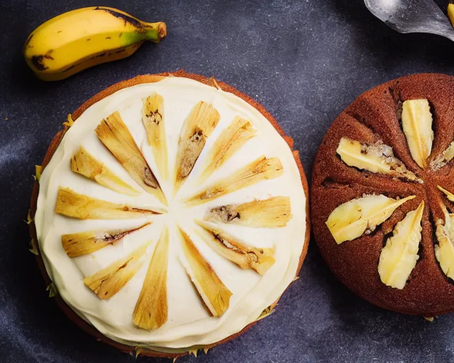Prompt: dslr food photograph of a pineapple and banana cake, 8 5 mm f 1. 4