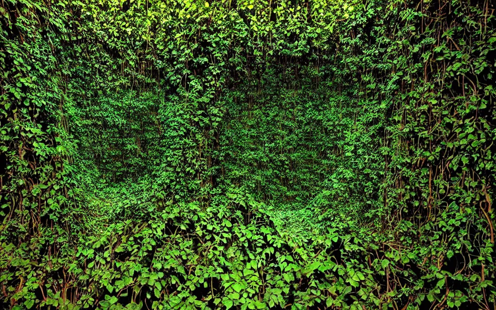 Prompt: Multiple layers of perspective Deep dark green jungle vines. metal foundry Clay sculpture by Magritte. Surreal sense of scale and depth. mind bending illusions of light and shadows by Magritte and Jackson Pollock. Huge clay art installation in an abandoned metal foundry. red, gold, green, black.