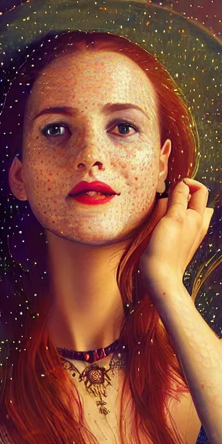 Image similar to a totally amazed smiling pretty woman surrounded by golden firefly lights in a mesmerizing scene, fully covering intricate detailed bohemian outfit, long loose red hair, precise linework, accurate green eyes, small nose with freckles, beautiful smooth oval head, expressive emotions, hyper realistic ultrafine portrait by artemisia gentileschi, jessica rossier, greg rutkowski, artgerm