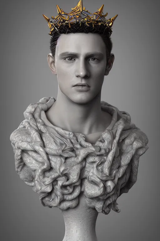 Image similar to a realistic porcelain full-head baroque style bust of handsome young seductive Spanish prince with a spiky hair, wearing a crown made out of woven pipe cleaners, suspended in outer space, photorealism, octane render, depth of field, 8k, 35mm, artgem, Trending on artstation