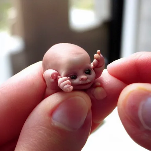 Image similar to a tiny baby demon in the palm of a person's hand, super cute