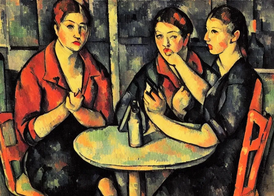 Image similar to in the style of paul cezanne. two hyperpop girls with black and neon clothes sitting at a wooden table in a bar looking at their phones. there is a bright red lamp hangig above the table. milkshakes. dim light. jouers des cates.