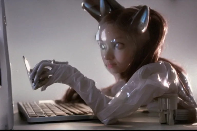 Prompt: alien catgirl using a computer to check her email submerged in translucent goo, over the shoulder perspective, in 1 9 8 5, y 2 k cybercore, industrial low - light photography, still from a kiyoshi kurosawa movie