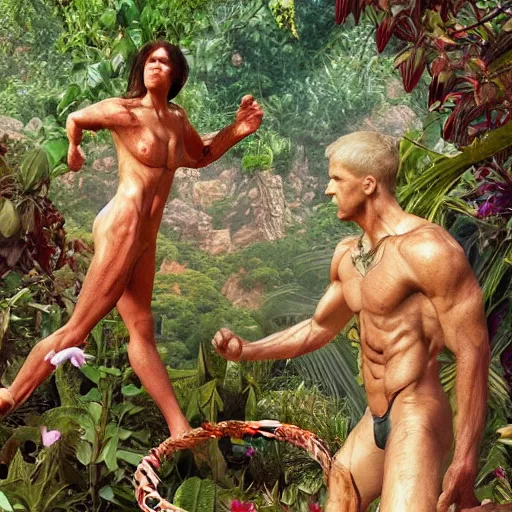 Prompt: Close-up of God being angry in the Garden of Eden. Adam and Eve look very guilty and the snake is leaving the scene quietly - elegant, highly detailed, centered, digital painting, artstation, concept art, artgerm, donato giancola, Joseph Christian Leyendecker, WLOP, Boris Vallejo, Artgerm