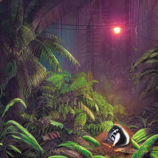 Image similar to possum lost in the jungle at night, cyberpunk, isometric, highly detailed, hyperrealistic 8k , digital art