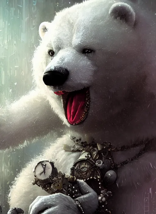 Image similar to white furry polar bear, steampunk googles, highly detailed, unreal engine 5, cinematic, 8 k, by megan duncanson, benjamin lacombe, adrian borda, stanley artgermm, tom bagshaw, craig mullins, carne griffiths, ayami kojima, beksinski, giger, trending on deviantart, hyper detailed, horror, full of colour