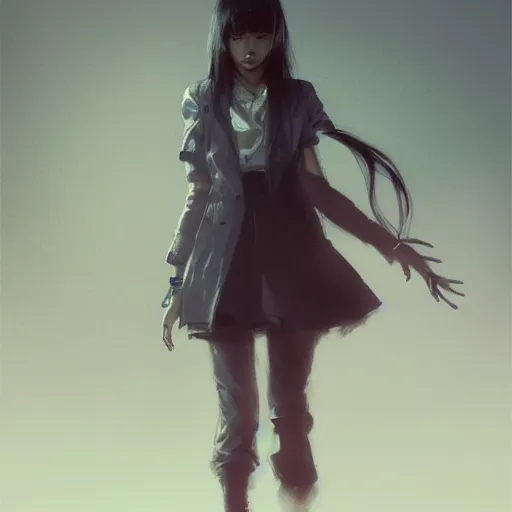 Image similar to full body portrait of a korean schoolgirl with long hair and bangs, her hands are thin red tedrils, dramatic lighting, illustration by Greg rutkowski, yoji shinkawa, 4k, digital art, sci-fi horror concept art, trending on artstation