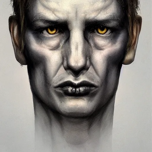 Image similar to surreal portrait of a man by Greg Rutkowski and H.R Giger, symmetrical face, he is about 30 years old, west slav features, short blonde hair with bangs, attractive, smart looking, slim, somewhat androgenic, transformed into a kind of biomechanical transhuman god, disturbing, terrifying but fascinating, with a determined and sinister expression on his face, cosmic void background, frightening, fascinating, highly detailed portrait, digital painting, book cover, artstation, concept art, smooth, sharp foccus ilustration, Artstation HQ