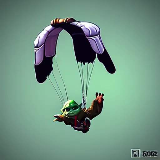 Image similar to baby yoda skydiving, realistic, highly detailed, cinematic