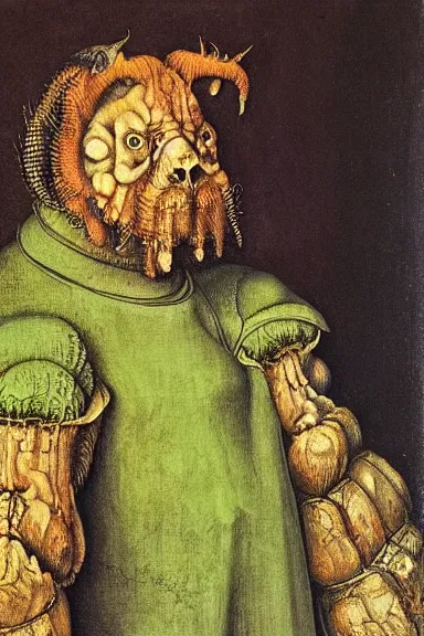 Prompt: This is a monster, and its name is Greeny, oil painting without frame by Albrecht Dürer