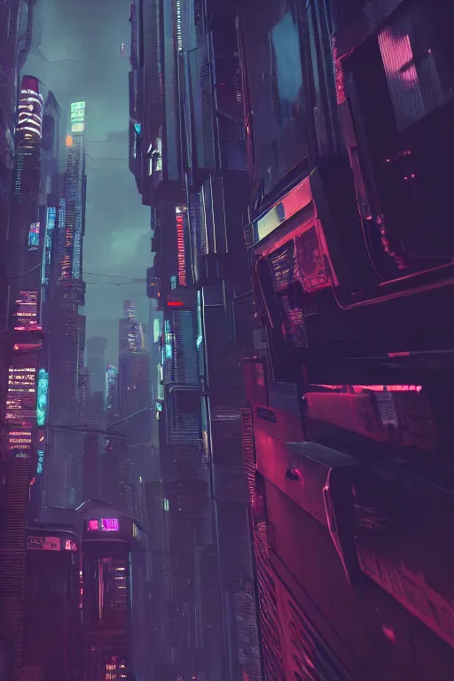 Image similar to cyberpunk city from street level looking up, photo realistic, highly detailed, rendered in octane, artstation, 35mm, atmospheric, cinematic lighting, dramatic dusk sky