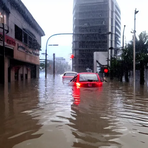 Prompt: city is flooded by heavy rain. A car is middle of the street flooded.