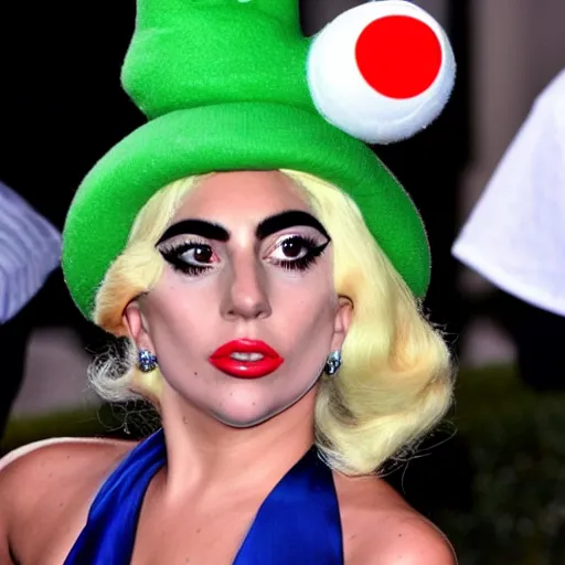 Image similar to lady gaga wearing a super mario hat