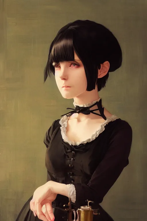 Prompt: a portrait of a woman in a Victorian maid outfit with black bob cut hair, steampunk setting, vivid colors, soft lighting, atmospheric, cinematic, moody, in the style of Ilya Kuvshinov and Range Murata, Krenz Cushart, oil on canvas, 8k