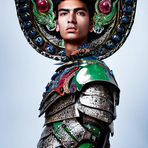 Prompt: a portrait of a beautiful young mexican male wearing an alexander mcqueen armor made of saphire, photographed by andrew thomas huang, artistic