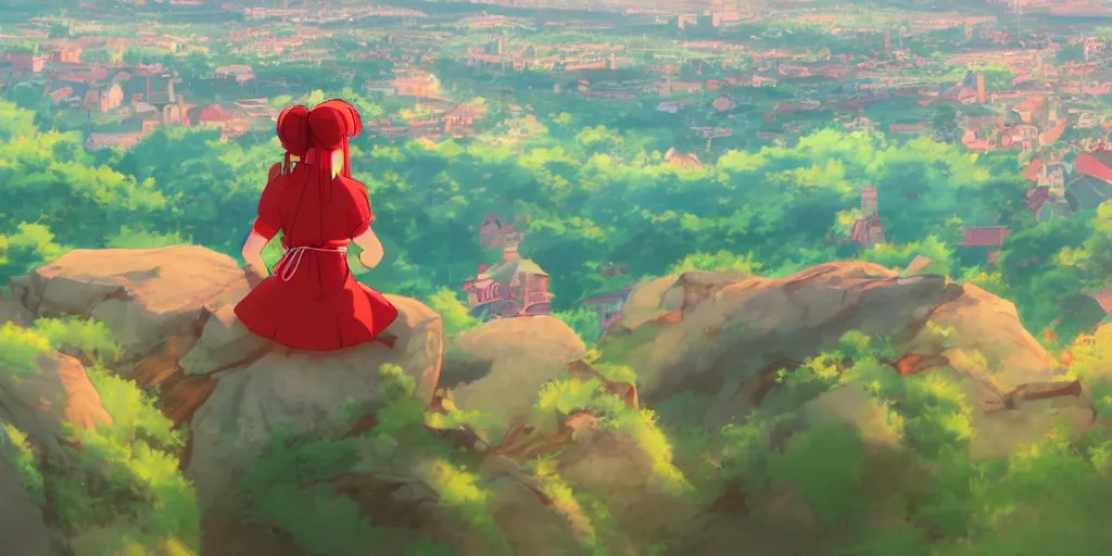 Image similar to reimu sitting on a hill off to the side looking down upon swedish town, during dawn, cinematic, very warm colors, intense shadows, anime illustration, anime screenshot composite background