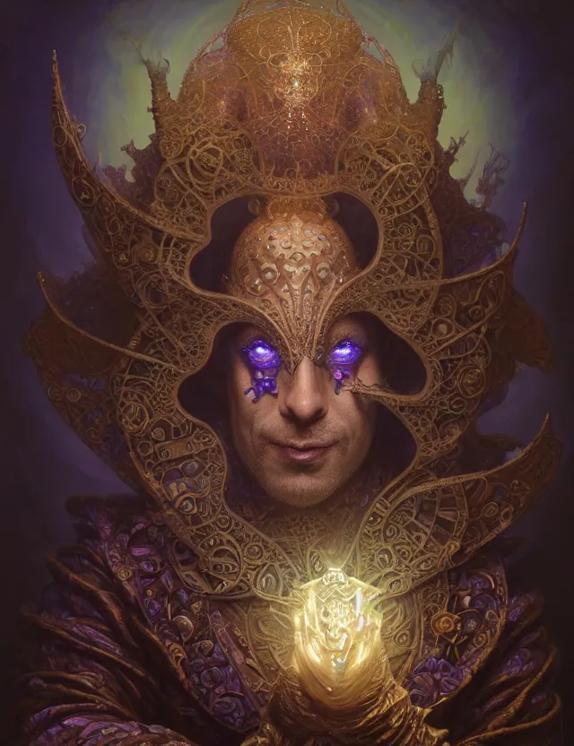 Image similar to front shot of a court jester character, hyperdimensional, bioluminescent hypercubes, ((intricate)), elegant, highly detailed, centered, (((artstation, concept art, smooth, sharp focus, artgerm, Tomasz Alen Kopera, Peter Mohrbacher, donato giancola, Joseph Christian Leyendecker, WLOP, Boris Vallejo))), mugshot!!!!!, ugly!!!!!!, octane render, nvidia raytracing demo, grainy, muted, 8K, digitalblasphemy