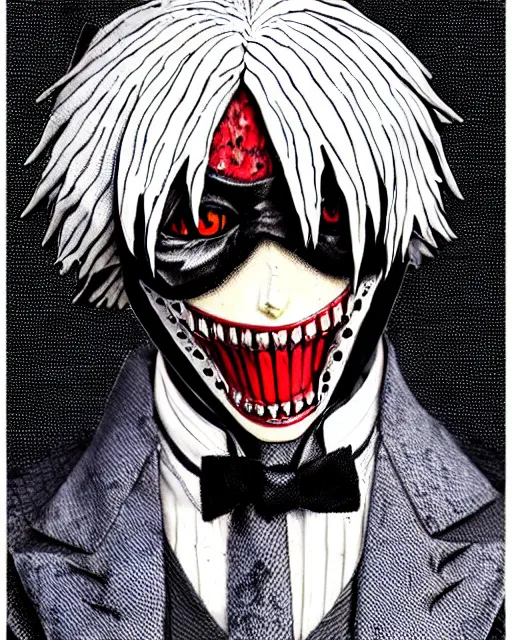 Prompt: tokyo ghoul monster ken kaneki character wearing a beautiful 1 8 th century suit with a tie, rococo style, ed emshwiller style, highly detailed, very realistic, painterly style